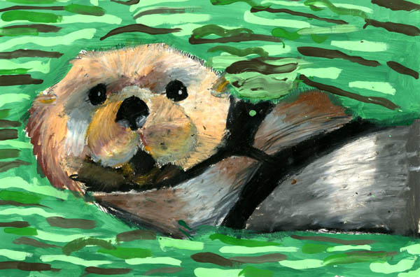 Oil pastel and tempera of an otter floating on its back