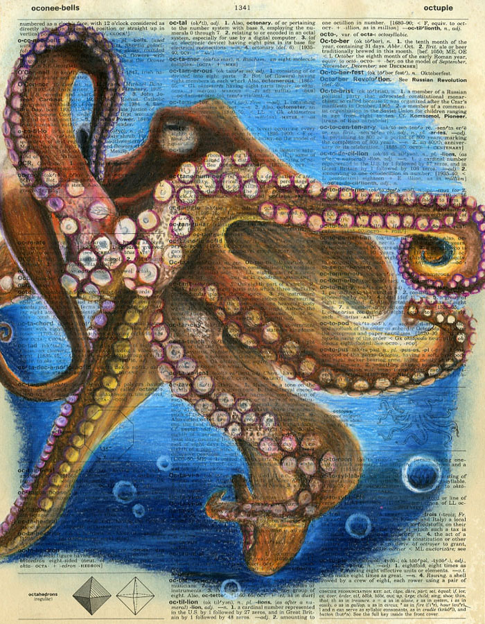 Prisma colors drawing of an octopus on top of dictionary page, by Aidan McMahon