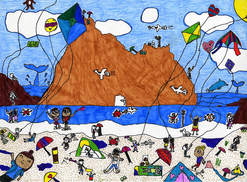 Drawing of lots of people enjoying Pheiffer Beach, by Natalie Henriquez