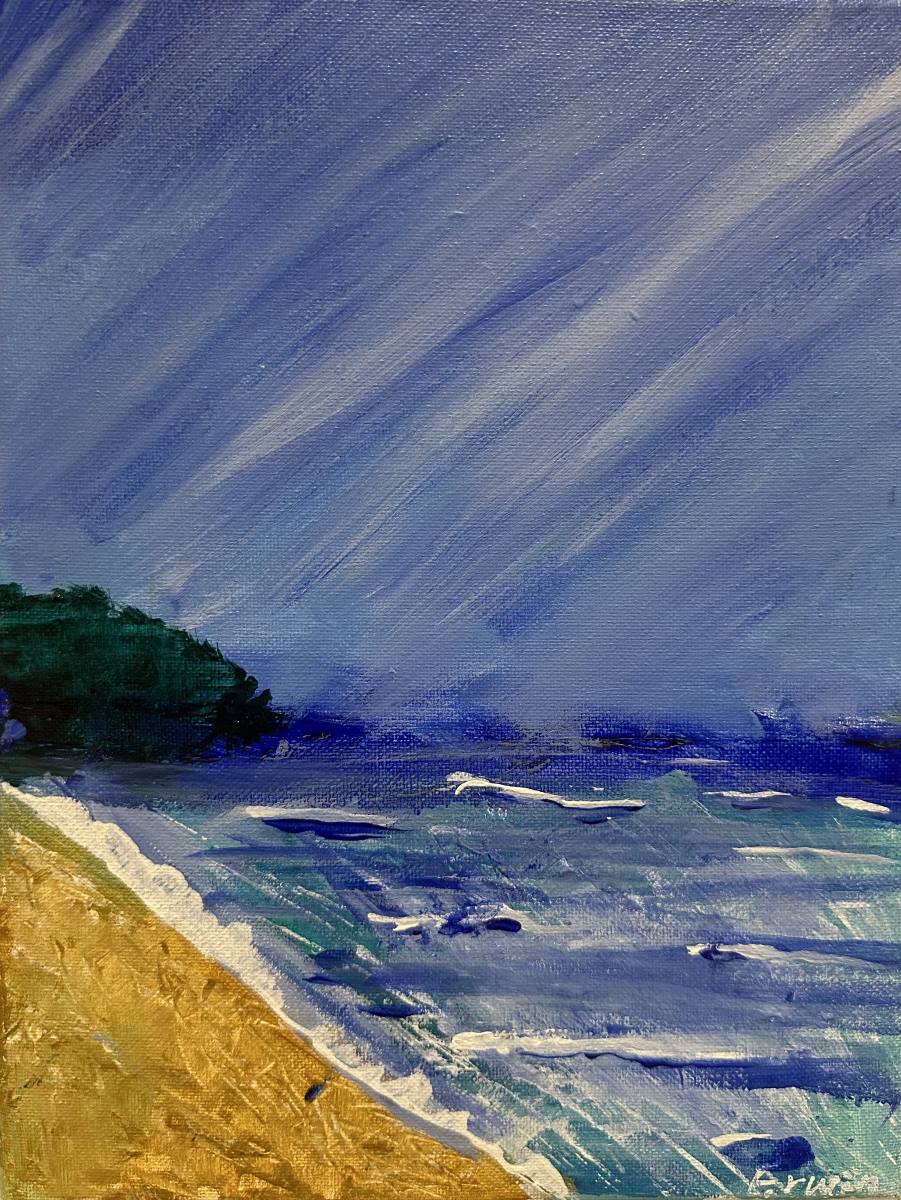 A beach slopes down to an ocean with white-capped waves, and a blue sky is shown with strong brush strokes.
