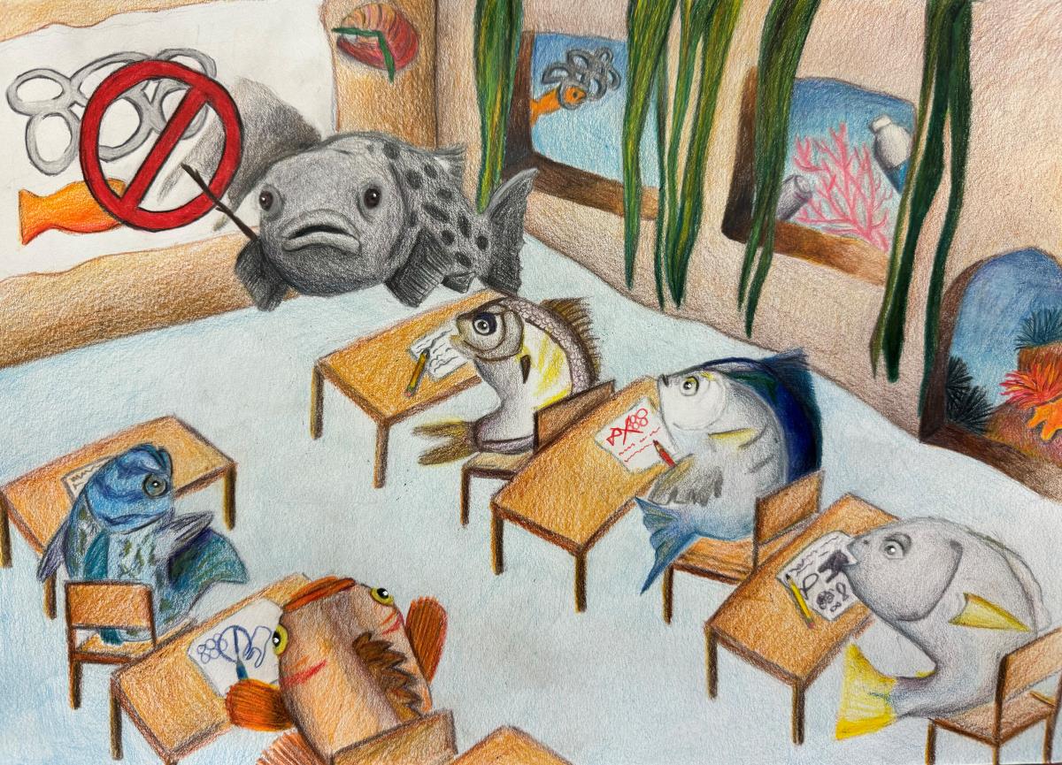 Cartoon fish sit at desks in a classroom as a fish stands at the board next to a image of a plastic bag and a 6-pack ring with an X over them.