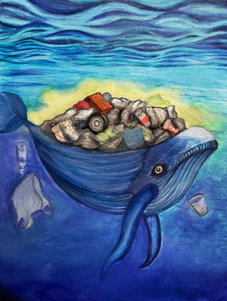 A whale swims underwater with a pile of trash on its back.