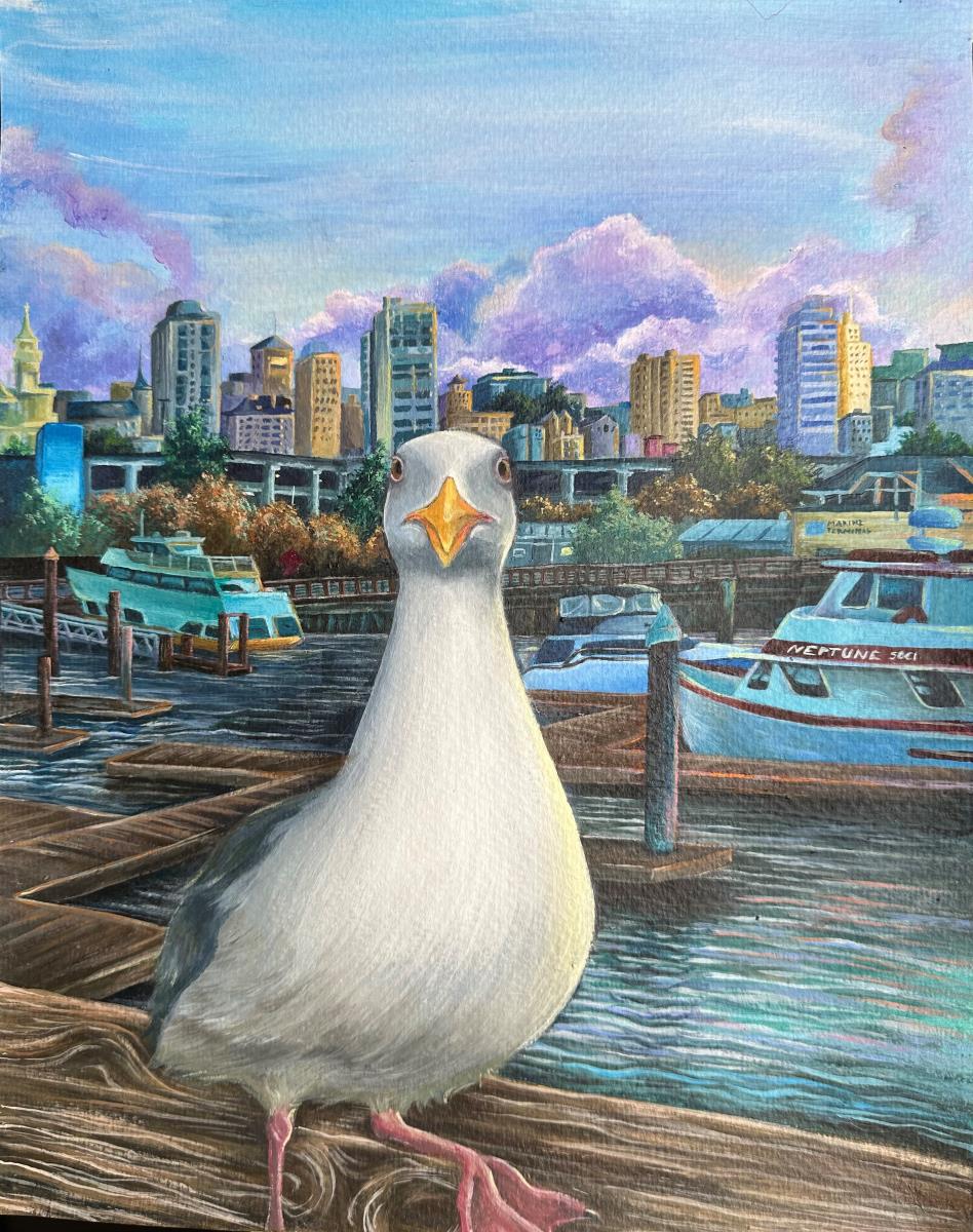 A gull is looking at the viewer as it stands on a pier in a marina in front of a city.