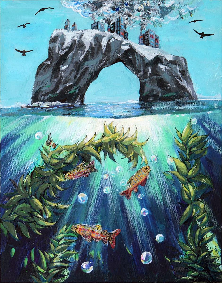 Fish swim through kelp in front of a sea arch that is surrealistically topped with a polluting city.