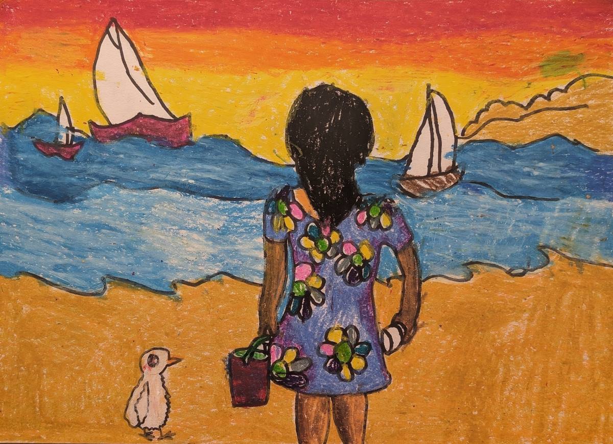 A child is seen from the back as she stands on the beach holding a pail and looking out at the ocean. Sailboats are in the distance and on the beach a gull looks at the child and her pail.