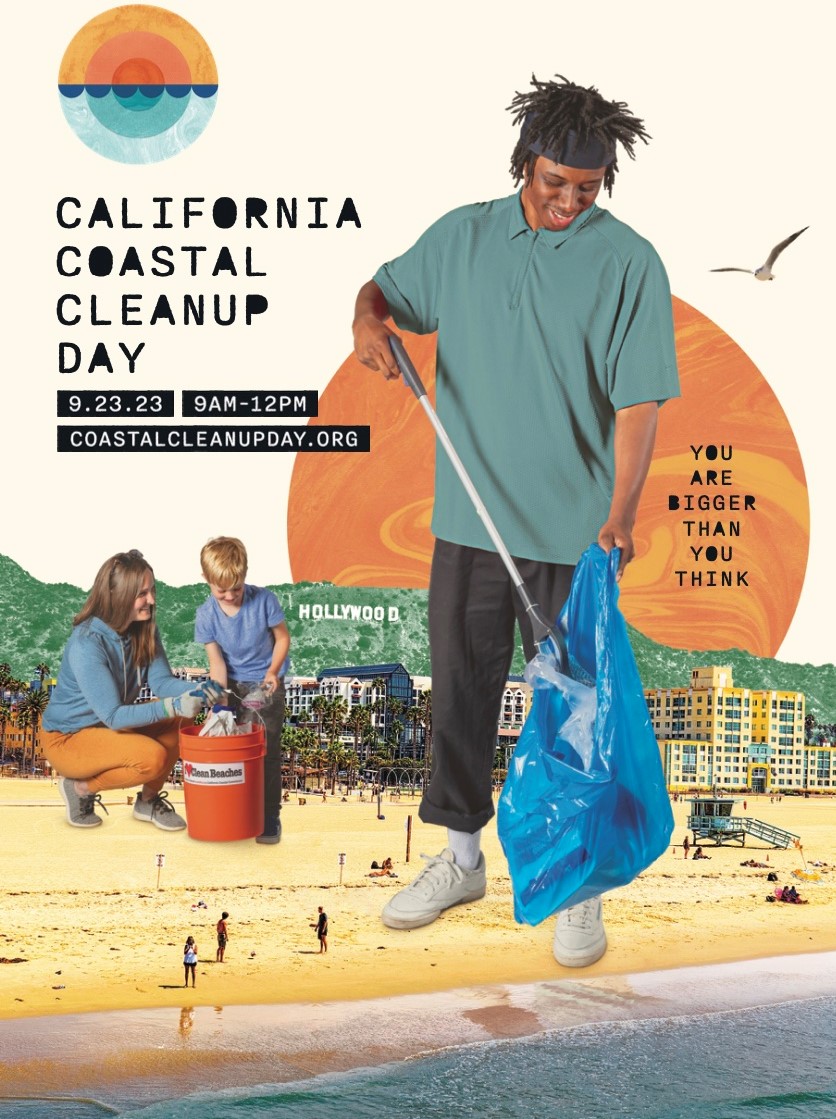 California Coastal Cleanup Day poster image. Shows 'giant' people picking up trash on the beach, with Hollywood sign in distance