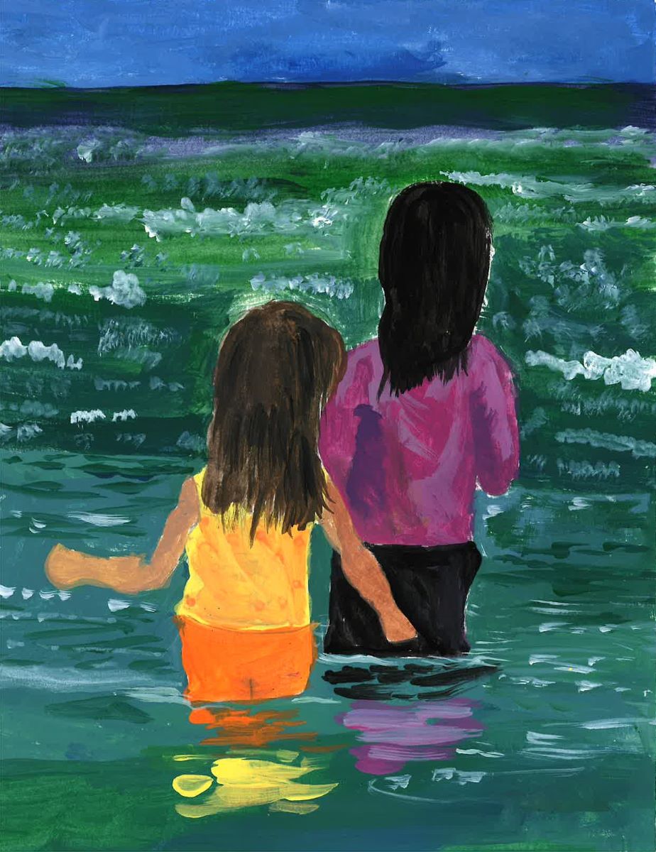 A child and adult stand together in still ocean water, facing away from the viewer.