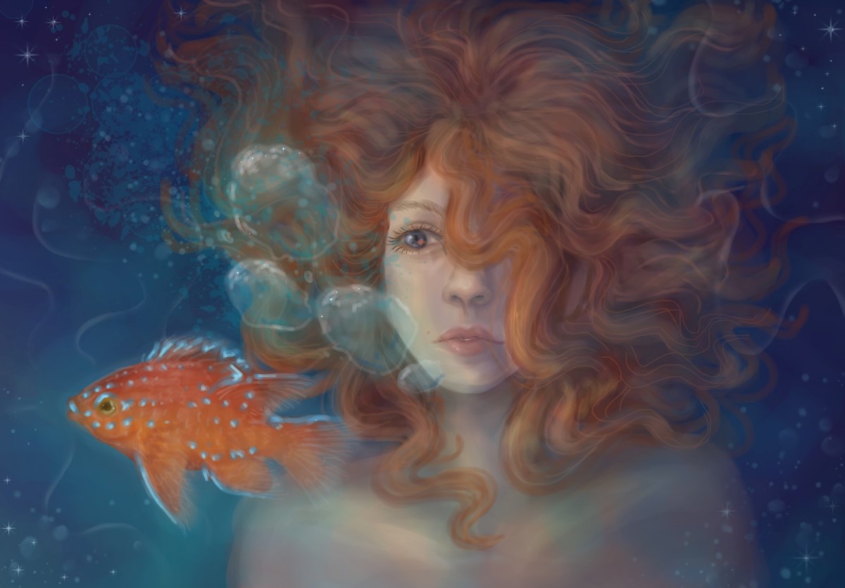 A girl with wavy, red hair is underwater. 
							She is looking at an orange fish and the reflection of the fish is in her eye. 
							Bubbles rise from her mouth.