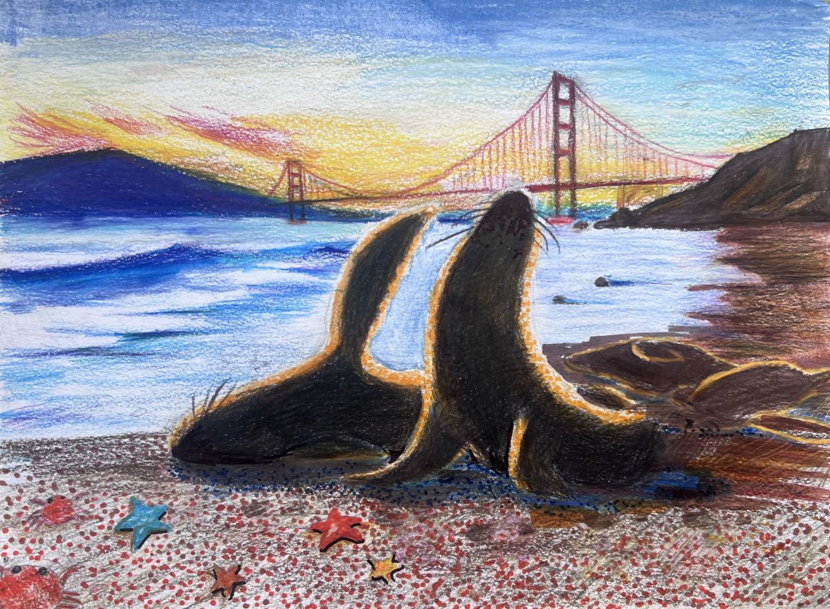 Two sea lions lounge on the sand, in 
							silhouette against a sunset or sunrise on the other side of the Golden Gate 
							Bridge. The beach they're on has sea stars and a crab on it.