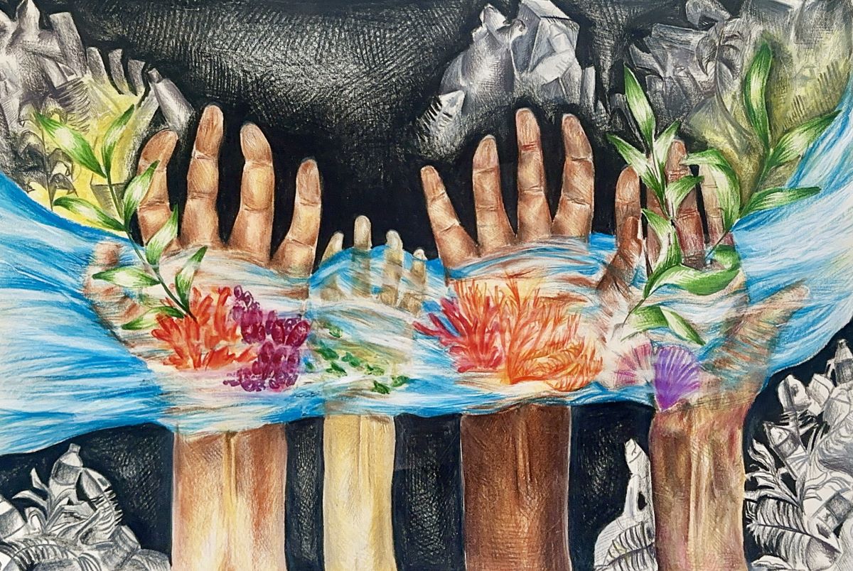 Four hands in different skin tones are 
							held out holding colorful coral and seaweeds in a flow of blue water. Below them, 
							in black and white is trash and fish skeletons.