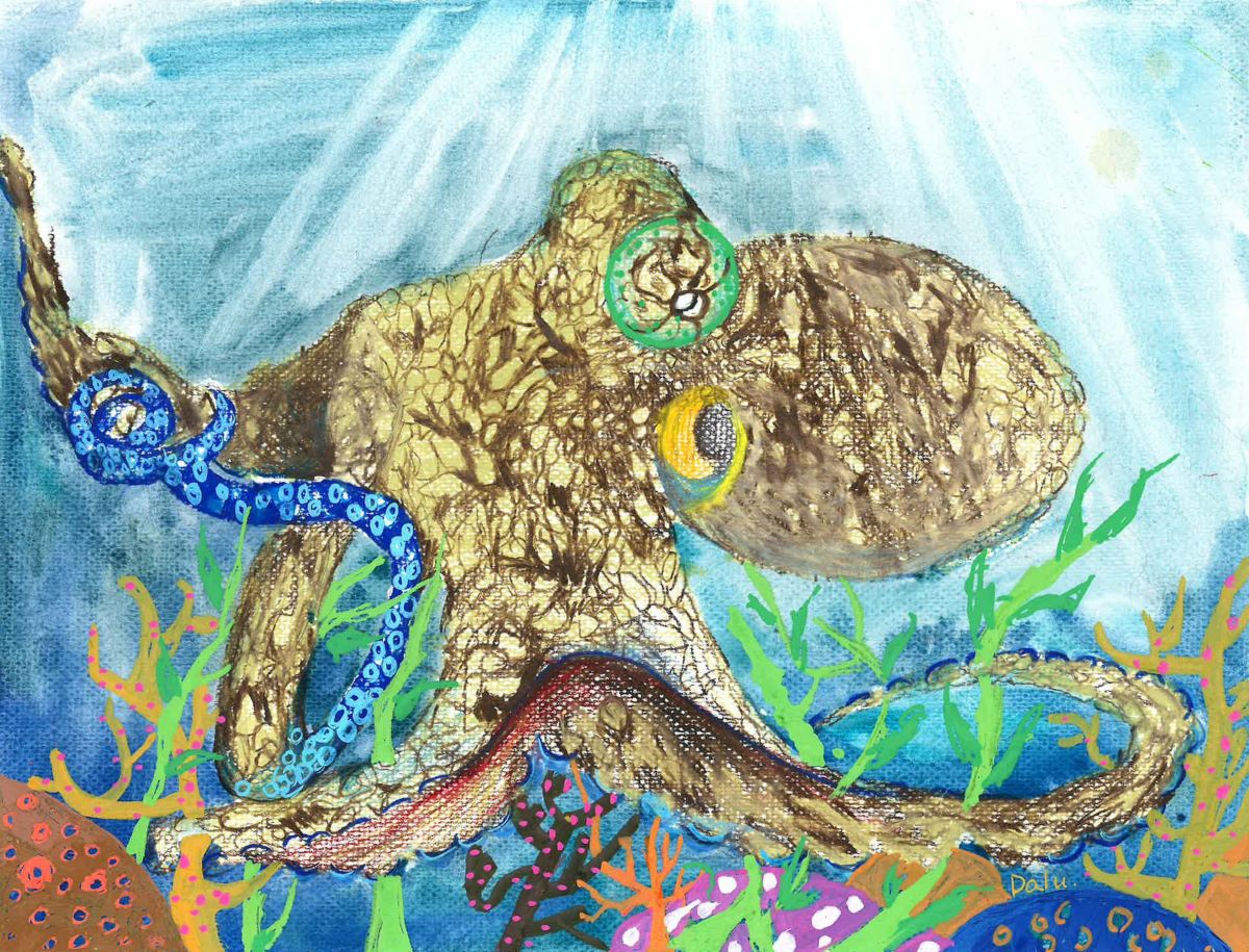 An octopus in a colorful ocean as sunlight streams down from above.