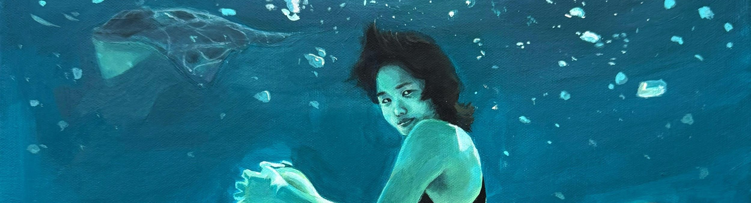 Crop from Anastasia Nguyen's artwork terns flying along the shoreline