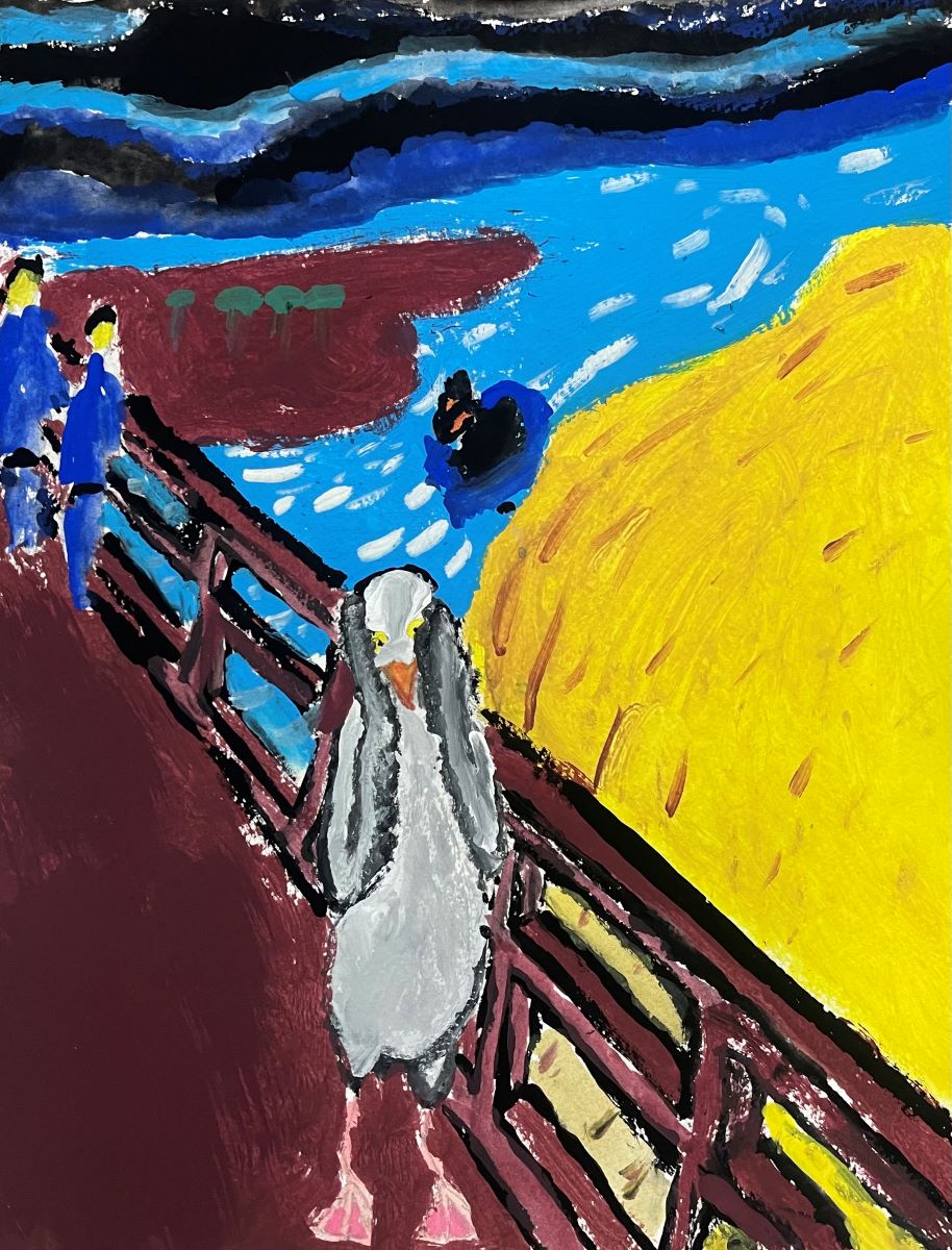A gull stands on a pier with its 'hands' on 
							either side of its face similar to the painting The Scream.