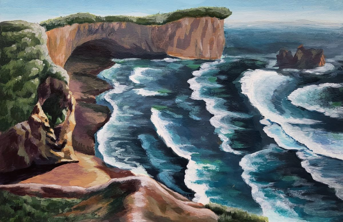 A painting in broad strokes shows steep bluffs 
							lining a narrow beach with white capped waves rolling in.