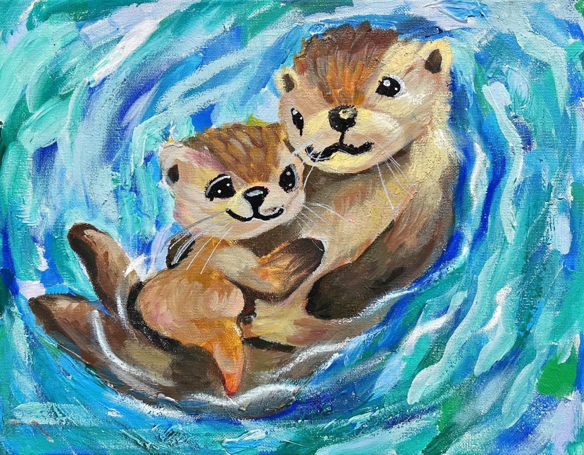 A mother holds a baby otter in a swirl of blue water.