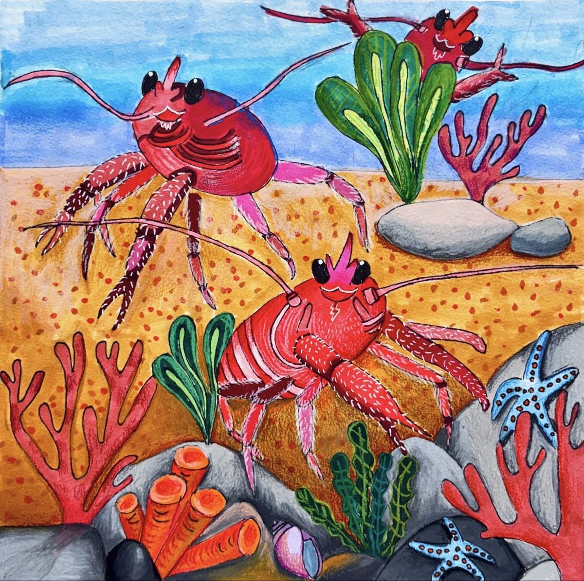 Three red tuna crabs look at the viewer. They are on 
							a sandy ocean floor among sea stars, coral, and other ocean species.