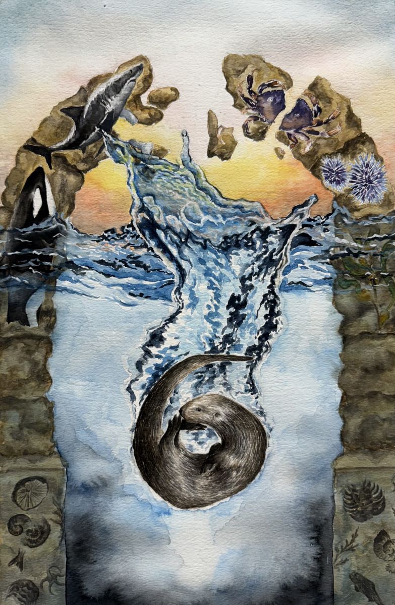 A stone archway, a metaphor for the 
										ancient kelp forest ecosystem. At the bottom of the arch are fossils 
										of extinct ocean creatures. Further up the arch are embedded marine 
										animals such as orca, shark, purple crab, urchins. At the center of the painting, a sea 
										otter, the keystone of the arch, crashes into the deep dark waters. 
										Without its central stone, the rest of the arch begins falling apart 
										until slowly but surely, the entire ecosystem becomes nothing but 
										rubble and dust.
