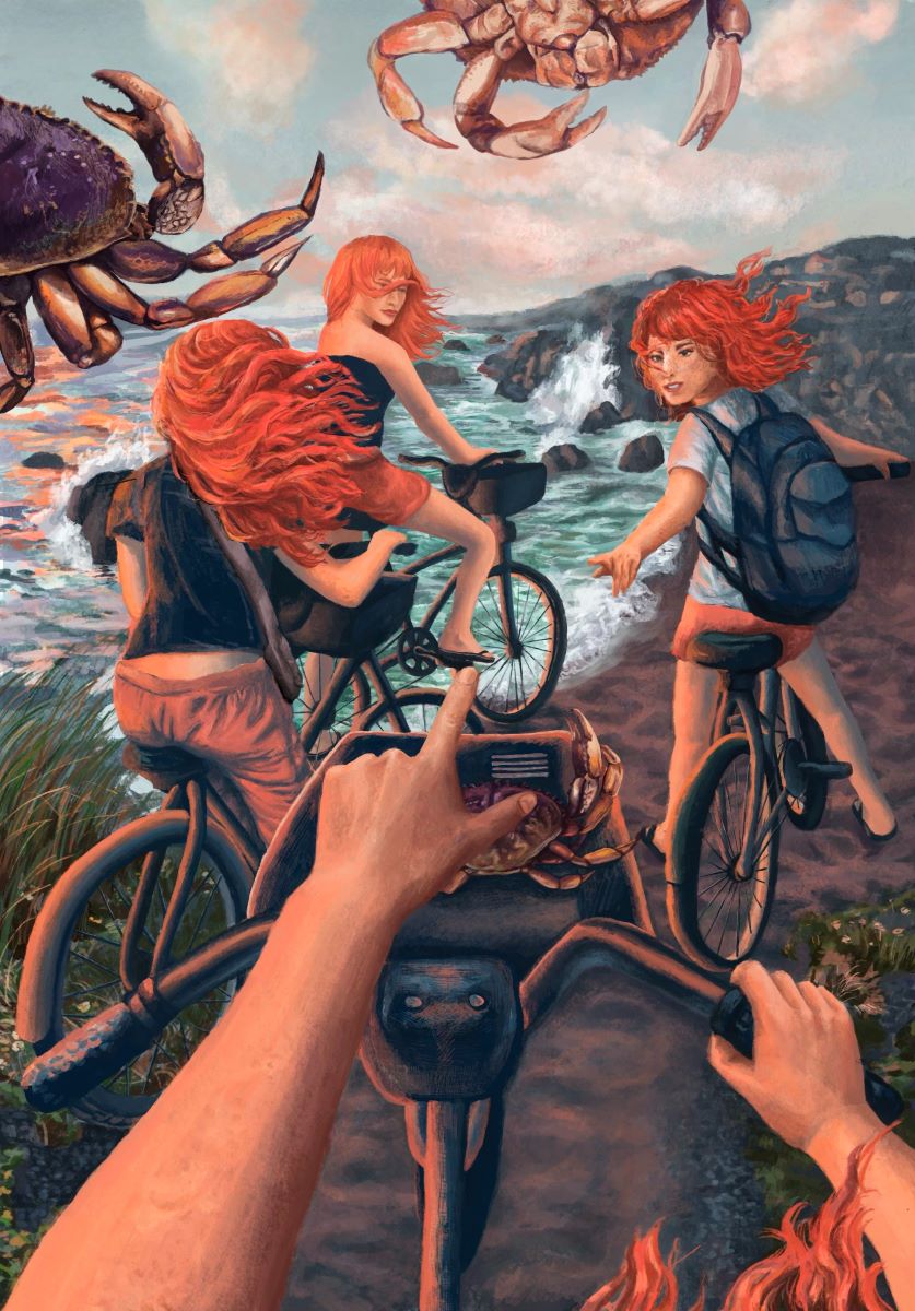 Four girls with bright red hair bike 
							along a rocky coast. Purple crabs float above them in a surreal manner. The 
							viewer's perspective is of one of the girls riding a bike, pointing forward.