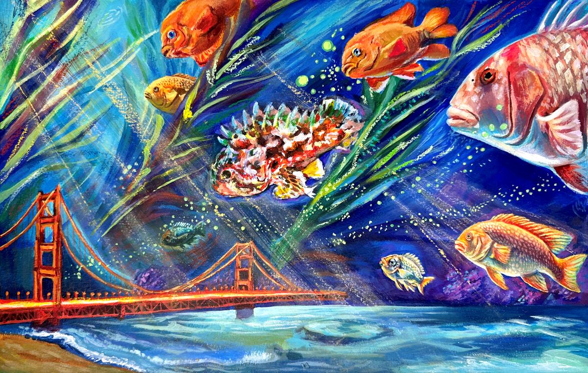The Golden Gate Bridgs stretches across a beach. However, its submerged underwater as eight colorful fishes swim among the kelp and seagrass above the bridge. Light rays scatter through the water.