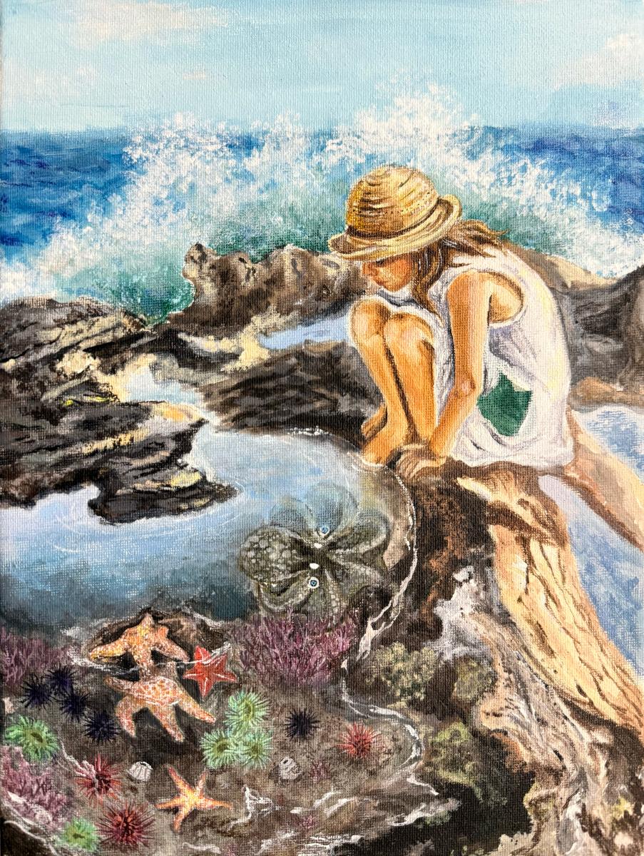 A girl with brown hair sits at the edge of a tidepool. She's wearing a white dress and straw hat. She's looking down at the tidepool with her toes dipped in the water. An octopus, sea stars, sea urchins, and sea anemones are seen in the tidepool. The waves spash next to her.