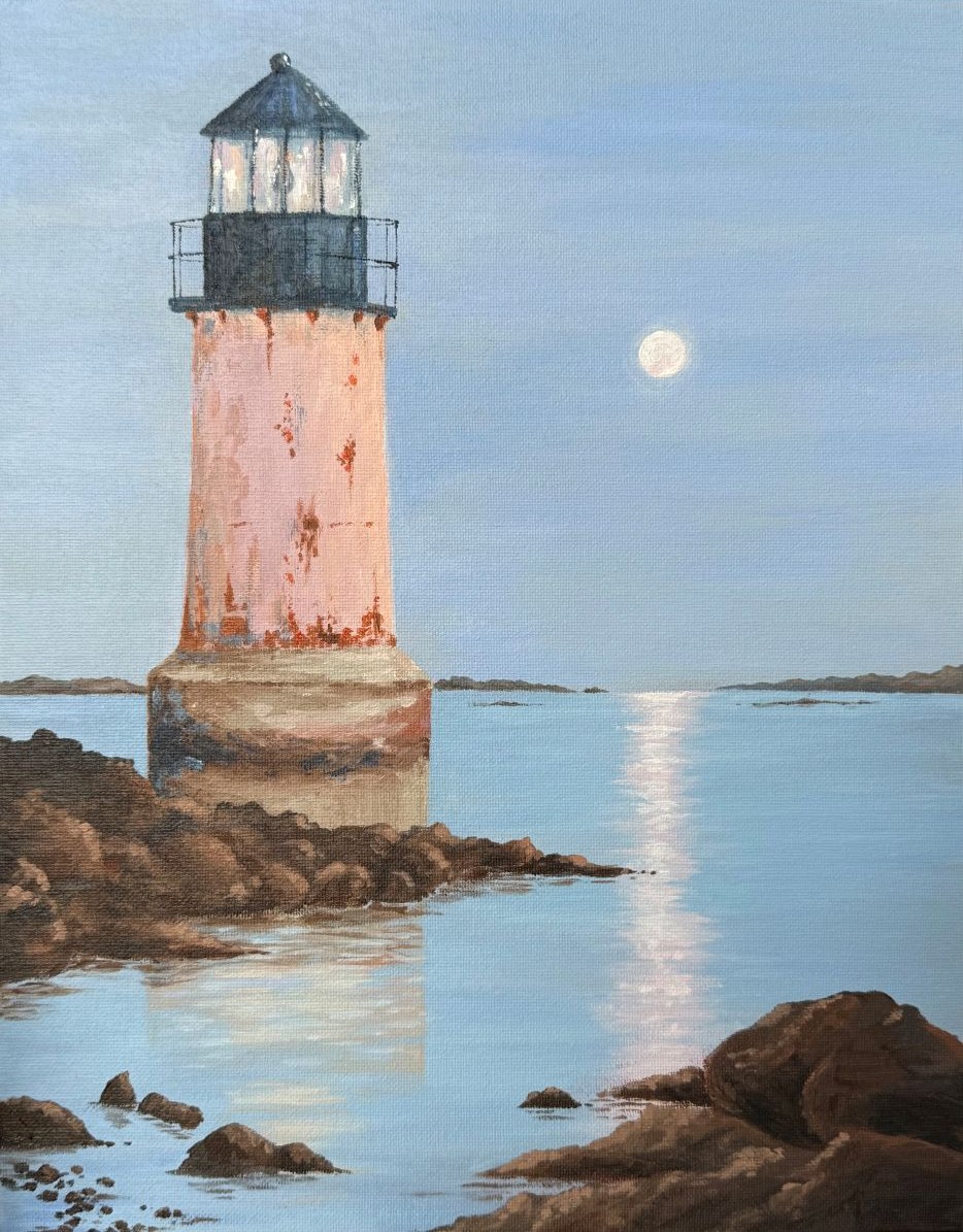 A tall lighthouse stands in shallow water with a rocky shore nearby. It's white paint is weathered. The moon's light is reflecting on the water.