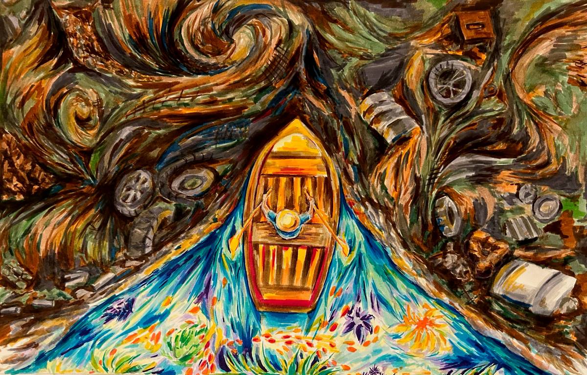 Seen from above, a person in a hat rows a small boat through water. behind the boat the water is clean and full of life. In front the water is dark and turbulent and full of trash.