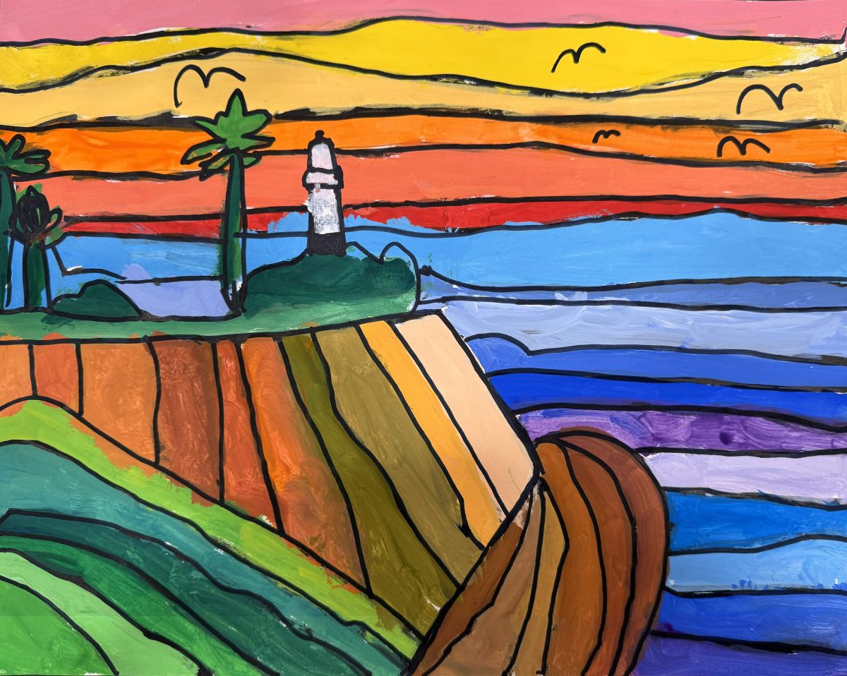 A white lighthouse stands at the edge of a cliff overlooking the ocean. The cliff is varying shades of brown and green. The ocean is varying shades of blue. The sky is varying shades of red, orange, and red. A few palm trees surround the lighthouse. Birds are seen flying above. 