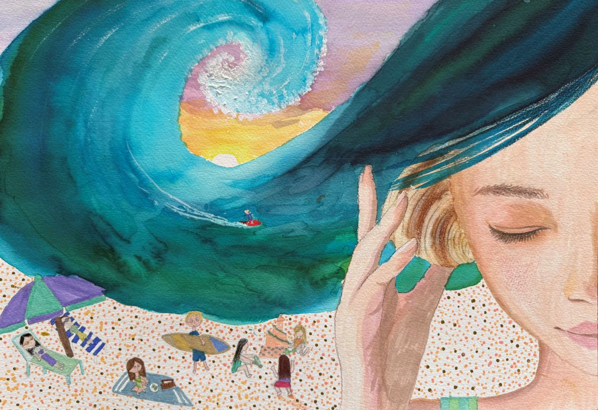 A girl has her eyes closed and is holding a seashell to her ear. Her hair flows to depict a blue ocean wave. The sun is setting and there's someone surfing. Below, people are enjoying the beach.