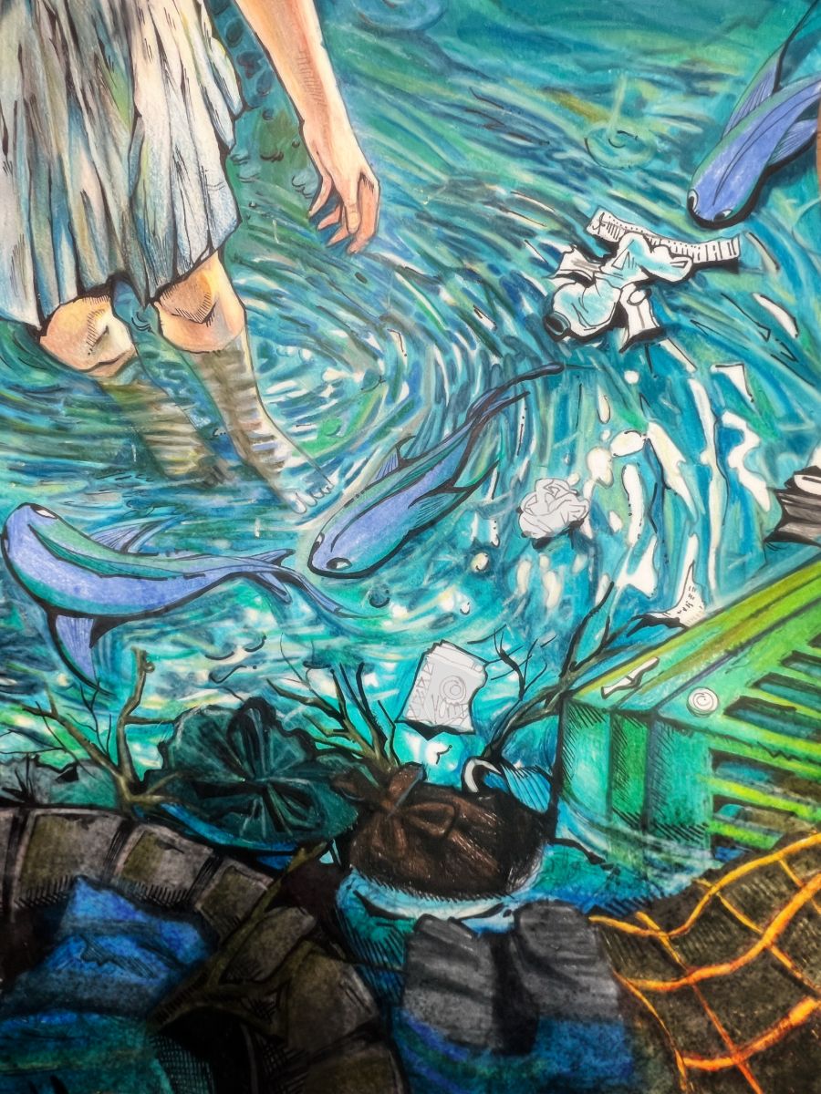 A person is standing in shallow water while fish and floating trash surrounds them.