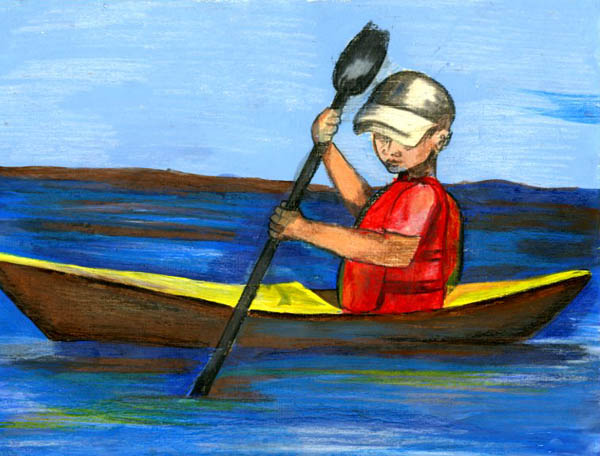 drawing of a child paddling a kayak