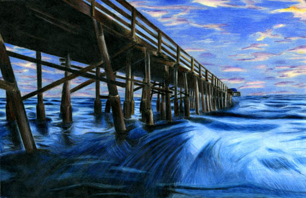 colored pencil drawing of a pier with waves and light clouds