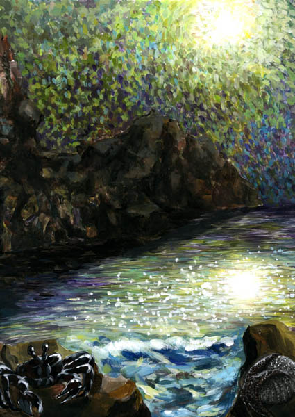 painting in impressionist style of moonlight on water with tidepool animals
