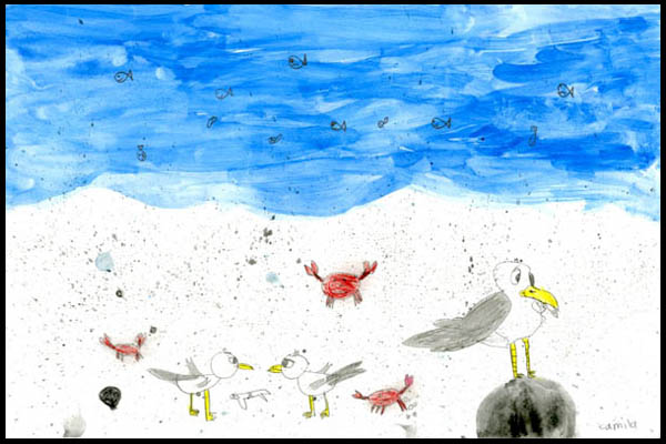 watercolor and pencil of gulls and crabs on the sand near the water