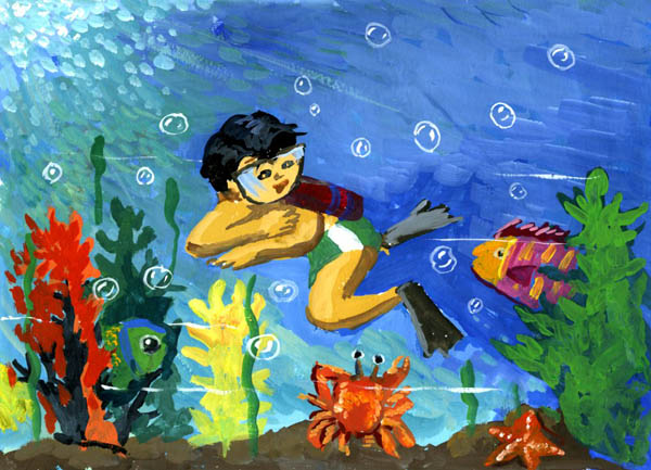 painting of a boy in a snorkle mask swimming underwater