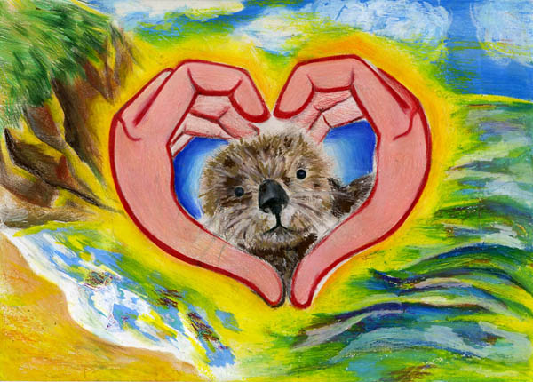oil pastel and colored pencil drawing showing hands making a heart shape, surrounding an otter's face