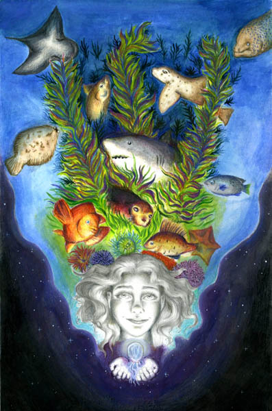 watercolor and pencil fantastical image of a girl surrounded by marine animals and kelp