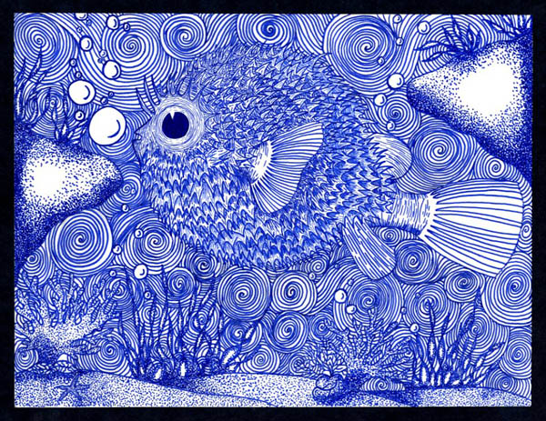 pen drawing of a pufferfish, many spiral designs