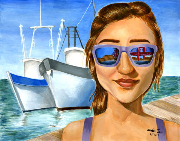 acrylic painting of girl in glasses showing reflection of Golden Gate Bridge, in front of boats