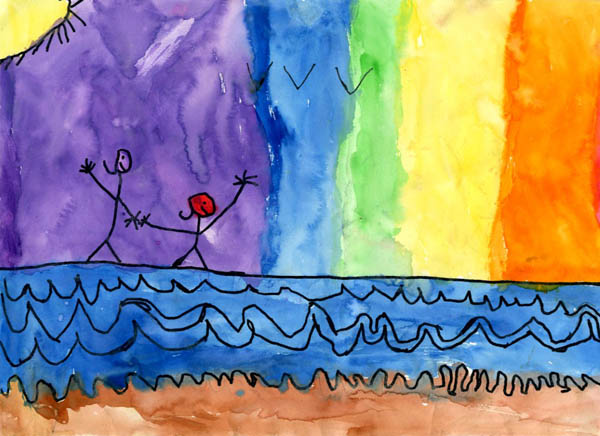 watercolor painting over line drawing of adult and child holding hands on a beach in front of a rainbow