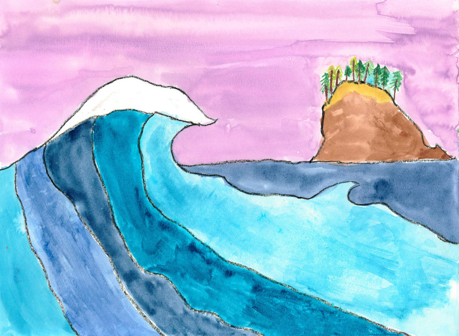 Big wave with Trinidad Head in background, in watercolor and crayon