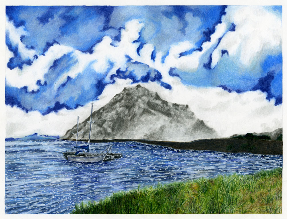 Colored pencil drawing of Morro Rock, sail boats and grassy shore in foreground, by Phoebe Jeng