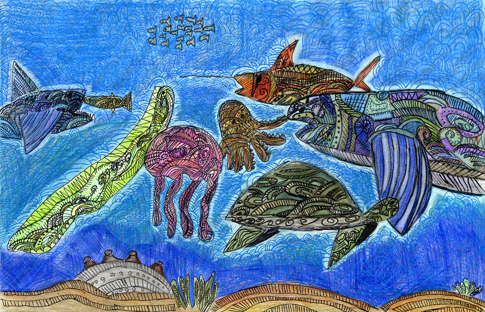 Drawing of underwater animals, by Callan Stephen Cheng