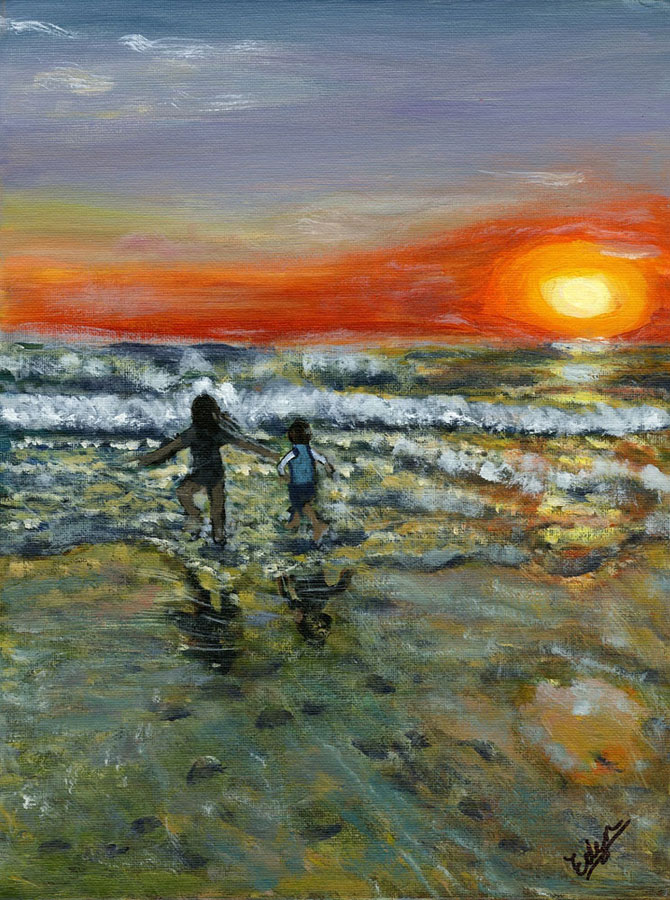 Acrylic painting of two children in silhouette holding hands in the surf, sunset in background, by Eden Yuen