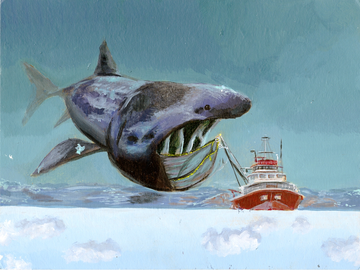 A surrealistic image of a basking shark holding a line connected to a fishing boat. The ocean is above and the sky is below.