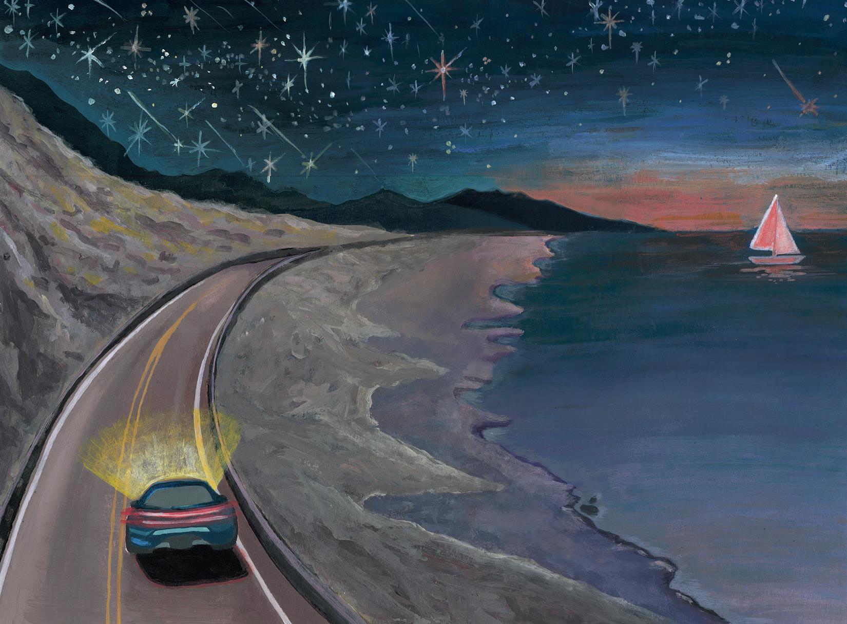 a starry night sky above a coastal highway with a lone car driving along, its headlights shining. One sail boat shown in the water.