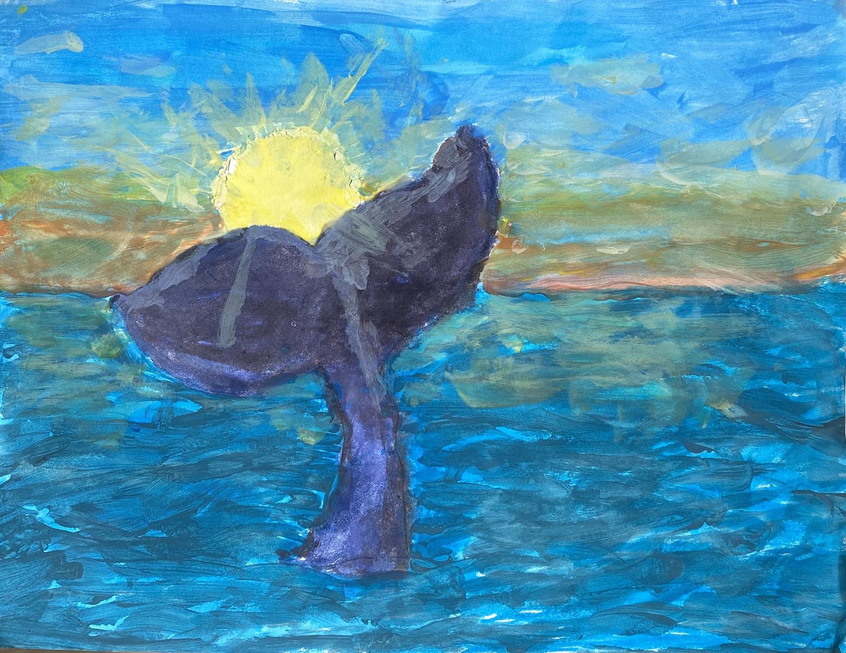 a whale's tail above a blue ocean, yellow sunset behind