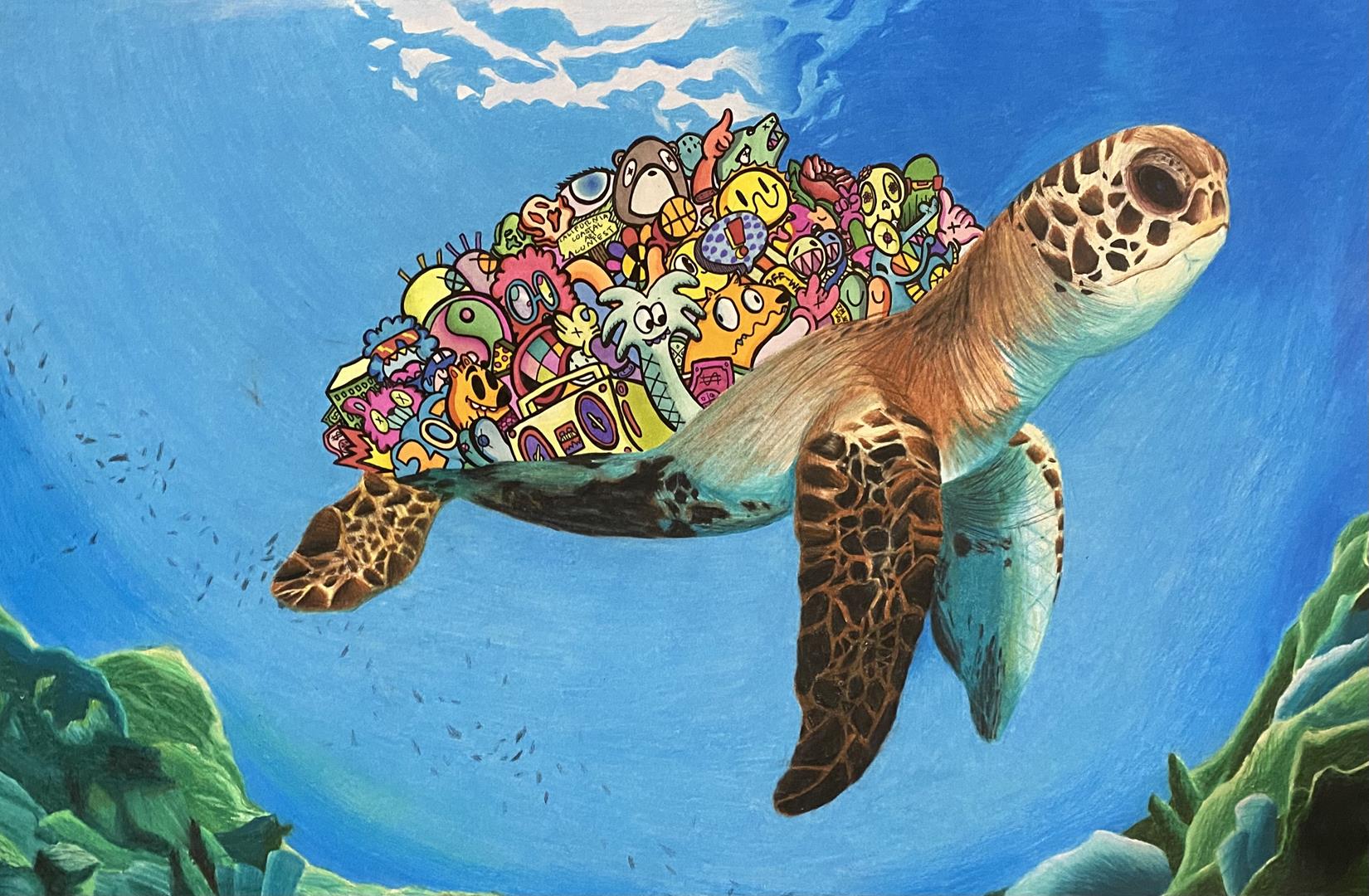 a turtle swims underwater. its back is covered with cartoony doodles