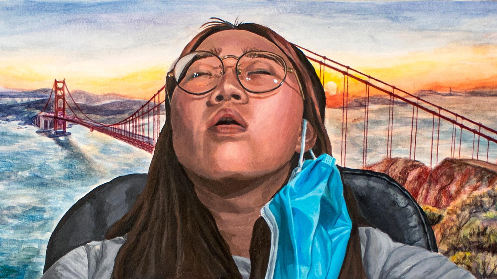 a girl with eyes closed and head tilted back, a face mask hanging from her ear. She appears to be sitting in an office chair dreaming, a scene of the Golden Gate Bridge is behind her