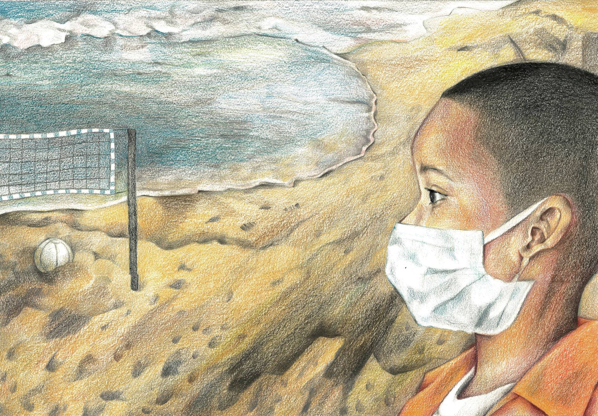 A young child wearing a medical mask looks out at the ocean. On the beach is volleyball net and ball. The sand is covered in oil