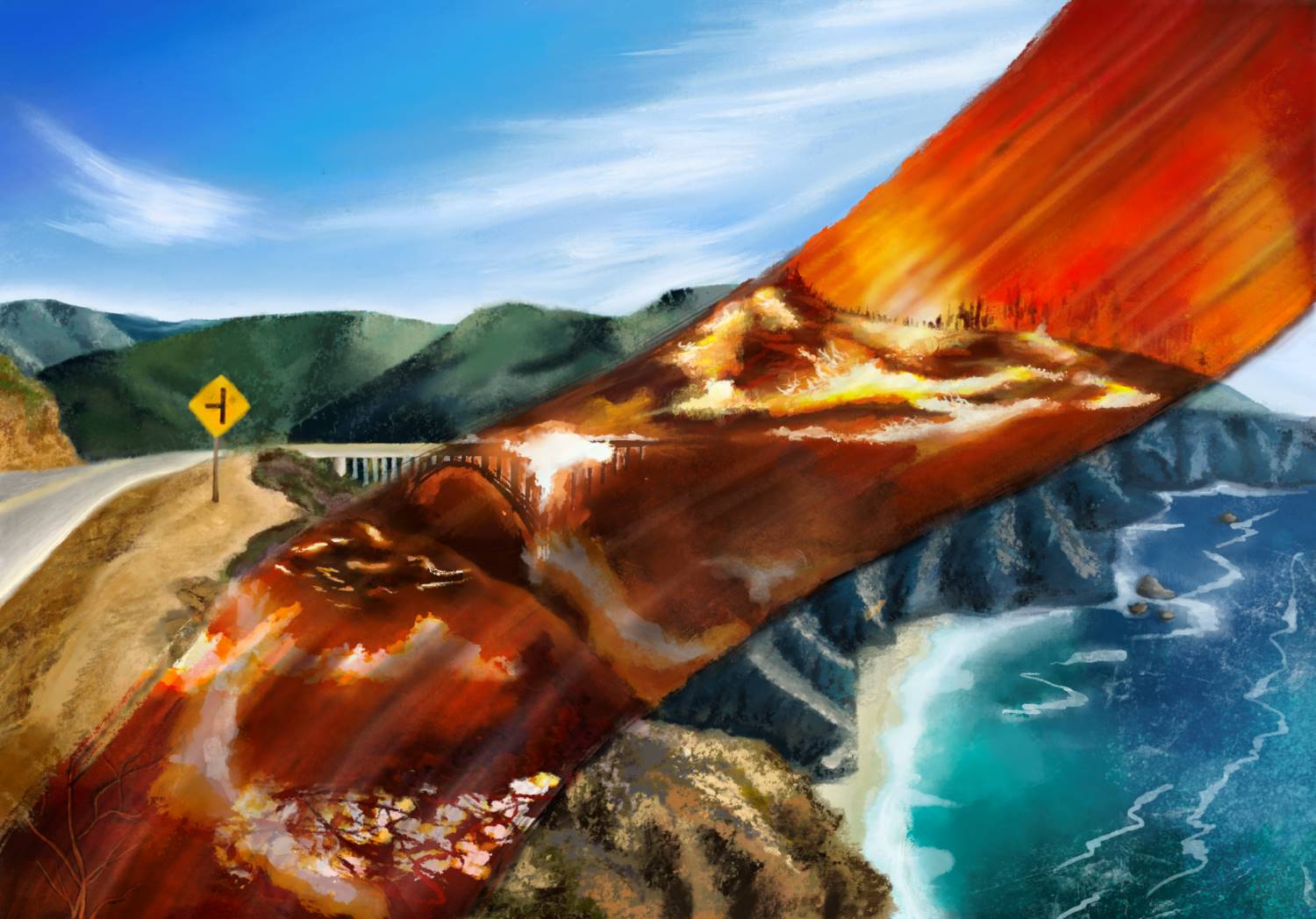 A fantastical scene of Bixby Bridge in Big Sur, with a ribbon running through it showing the same location on fire.